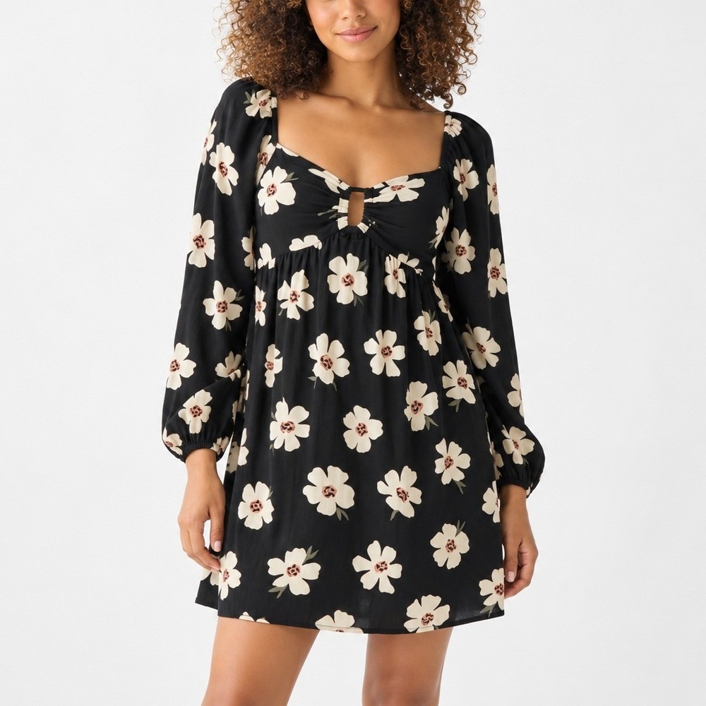 American Eagle‎ Mini Dress XS Black Floral Long Sleeve Ring Front Boho Babydoll